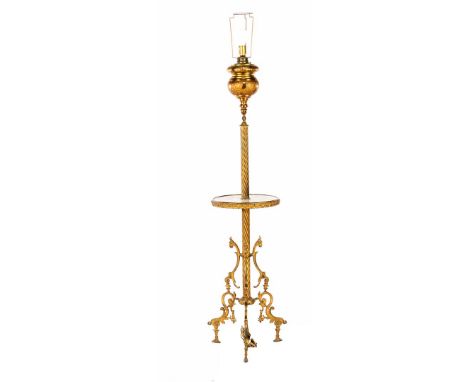 Copper decorated standing table lamp with onyx leaf and upholstered shade, 176 cm high