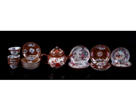 6 porcelain capuchin bowls on saucers with polychrome floral decor (1 bowl with rim chips), capuchin teapot (chips), 2 saucer