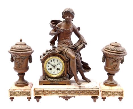 3-piece classic clock set consisting of mantel clock with zamak statue on top, 49 cm high with a decorative coupe on both sid