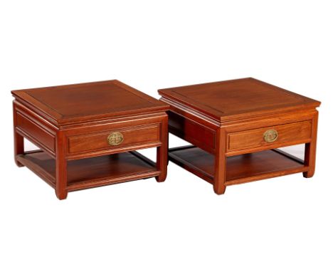 2 Chinese rosewood lamp tables with drawer and bottom shelf, 41 cm high, top 61x61 cm