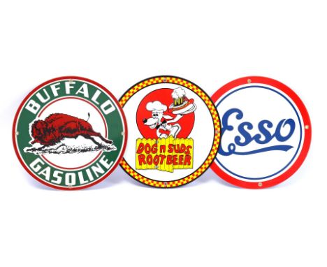 3 enamelled advertising signs Esso, Buffalo Gasoline and Dog n suds root beer, 30 cm diameter