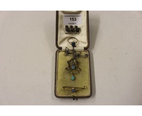 An opal set yellow metal bar brooch; together with a similar pendant and ring; and a silver bar brooch