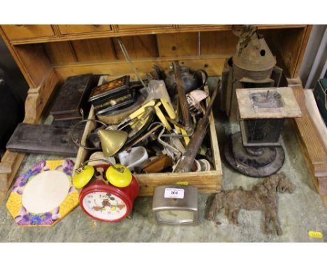 A quantity of various metalware; a Micky Mouse alarm clock; sundries etc. 