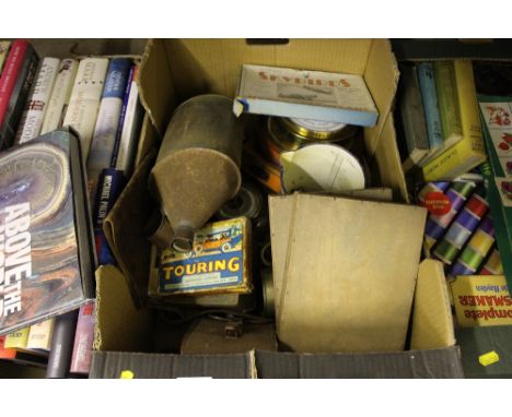 A box containing two barometers, a tankard, an enamel jug etc. 