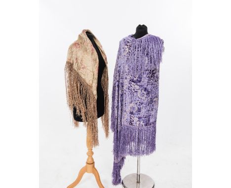 Two 1920s shawls; one purple devore, the other gold thread and floral print