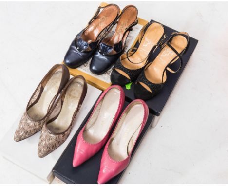 A group of four pairs of lady's vintage shoes, including a pair of navy slingbacks, and a pair of taube court shoes with embr