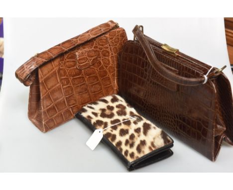 A vintage brown crocodile handbag together with a brown faux crocodiel bag and a  leopard trimmed clutch bag (3)