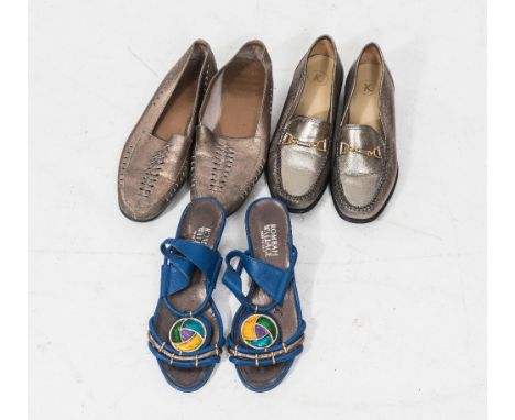 A group of three pairs of lady's vintage shoes including silver leather Gucci style loafers and open toed wedge sandals