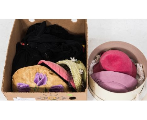 A group comprising a vintage hatbox, raffia hat, Victorian floral embroidered black tasselled shawl, a black chiffon dress wi