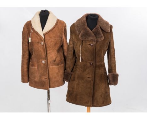 Two vintage lady's sheepskin lined suede coats, one longer with belted back and cuff sleeves