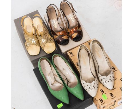 A group of four pairs of lady's vintage shoes including a pair of gold sling back heeled sandals and Kelly green court shoes