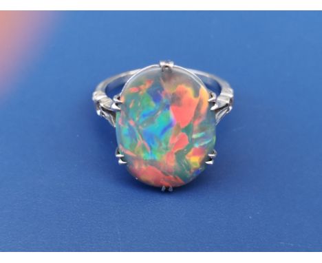 A black opal solitaire ring, the oval stone measuring  approximately 17mm x 12.8mm, set in six double claws to a white metal 