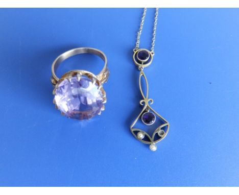 A 9ct amethyst ring and a pendant - one seed pearl missing. (2)