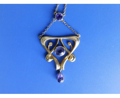 An amethyst set 9ct art nouveau pendant on chain.