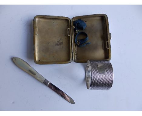 A mother-of-pearl handled Birmingham silver pen knife, a Birmingham cigarette case, 1919 and a Sheffield napkin ring. (3)