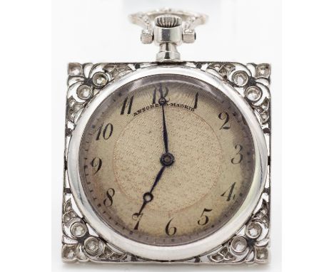 A 1920's Ansorena Madrid Belle Epoque platinum and diamond pendant fob watch.  The watch framed by an openwork platinum surro