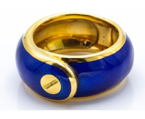 A French&nbsp;18c&nbsp; gold and enamel ring by Van Cleef and Arpels, circa 1968. the 18ct gold stylised belt ring applied wi