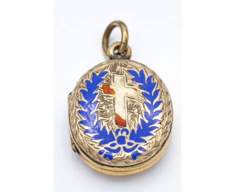 A Victorian 19th century gold and enamel back and front locket pendant. Of oval form with chased decoration and enamel work t
