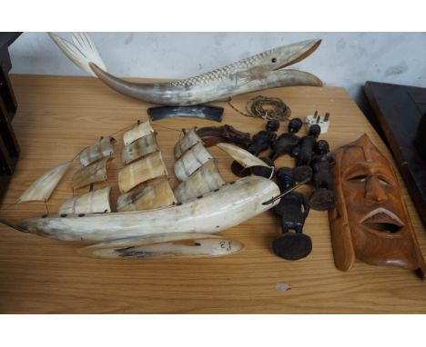 Horn Fish Lamp, Horn Ship, Five African Figures and an African Mask
