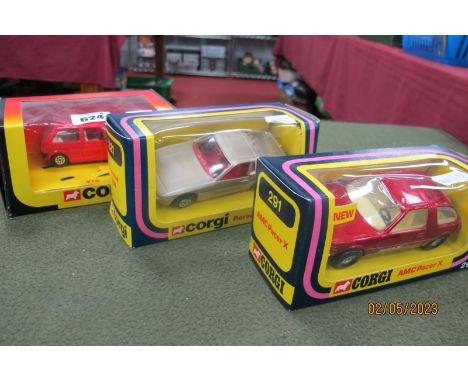 Three Boxed Corgi Diecast Model Vehicles, comprising of #321 Porsche 924 (metallic light brown), #291 AMC Pacer X (metallic r