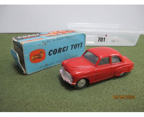 A Boxed Corgi Toys #203M Diecast Model Vauxhall Velox Saloon, red body, chipping/rubbing to raised edges, excess glue to appl