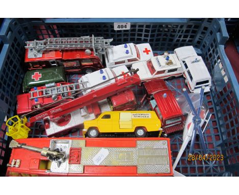 Twelve Diecast and Tinplate Model Vehicles, mostly emergency services, to include Dinky Toys, Merryweather Marquis Fire Tende