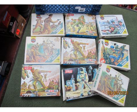 Eight Airfix "HO"/"OO" Scale Plastic Model Figure Sets, to include #516 U.S Marines, #53 WWII British Infantry, #517 Russian 