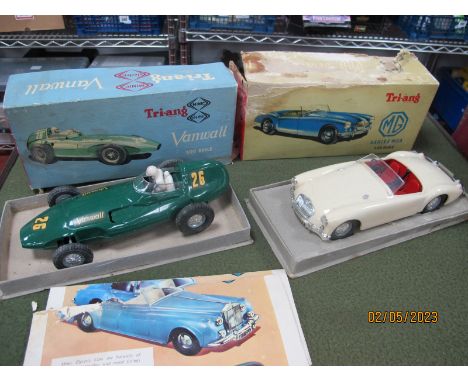 Two Boxed Tri-ang Minic Electric 1:20th Scale Battery Operated Plastic Model Cars, #003 MG series MGA, cream body, red seats,