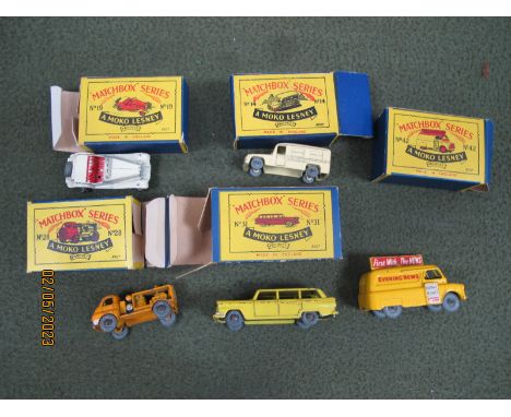 Five Boxed Matchbox 'Lesney' 1-75 Series Diecast Model Vehicles, comprising of No 28 Bedford compressor, No 19 MG 'missing dr
