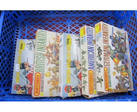 Five Plastic Model Figures Kits, comprising of Matchbox 1:76 P-5002 American Infantry, P-001 British Infantry, P-5003 German 