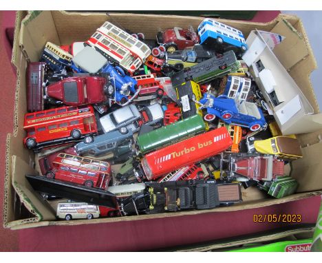 A Collection of Diecast Model Vehicles, by Lledo, Corgi, EFE and other to include buses, trams, Vanguards, roadsters, mini's,
