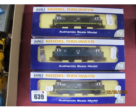Two Graham Farish "N" Gauge Cased Diesel "Hymek" Bo--Bo Locomotives, Ref No AD084Y BR blue R/No D7036 and Ref No AD0842 BR gr