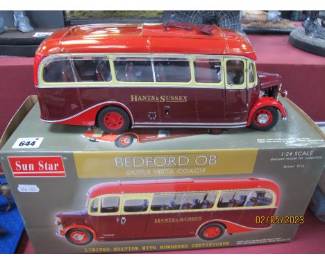 A Dunstar 1:24th Scale Diecast Model Bedford OB Duple Vista Coach 'Hants and Sussex', drivers side wing mirror detached (pres