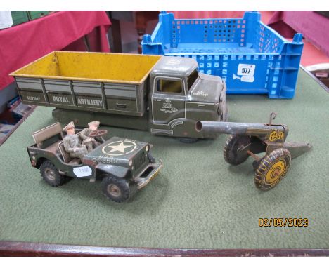 A Louis Marx and Co, Tinplate Model of a Royal Artillery Army Transport Truck, with cannon (lacking all other accessories); t