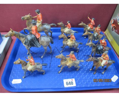 Ten Heyde Pre War (Germany) Mounted Lead Model Figures, six jockeys, three huntswoman, one huntsman, paint loss and damages n