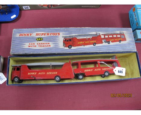 Dinky Supertoys #983 Diecast Model Car Carrier, with trailer, red/grey Dinky Auto Service, missing trailer bar, box poor in p