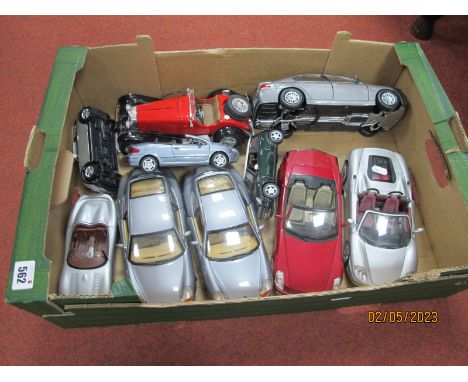 Ten Diecast Model Vehicles, 1:24th/1:18th Scales, to include Motormax BMW 7 Series, Hotwheels Cadillac XLR, Ferrari 360 Spide