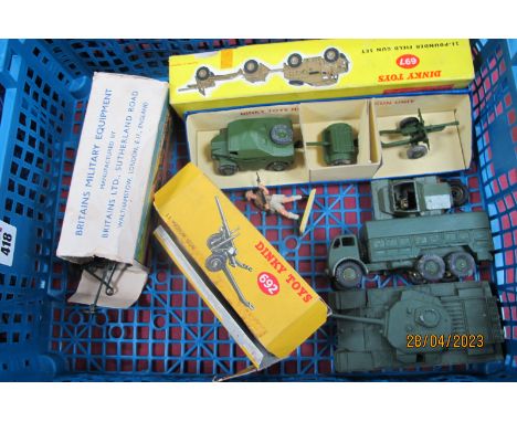 Six Diecast Model Military Vehicles, equipment to include Britains No. 1718 Searchlight on mobile chassis (incomplete/damaged