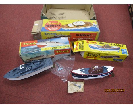 Three Tri-ang Plastic Model Boats, comprising of #4015 1" Scale Clockwork Powered RNLI Motor Lifeboat, mast and key present, 