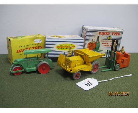 Dinky Toys Boxed 401 Fork Lift Truck 251,  Aveling Barford diesel roller, and boxed 962 dumper truck (251 with usual damage o