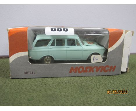 A 1:43rd Scale 'Made In The USSR' Macwtag Diecast Model Moskvich/Mosvitch, light blue paintwork, decal to bonnet, 1917/1987, 