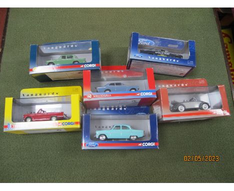 Six Corgi 1:43rd Scale 'Vanguards' Diecast Model Vehicles, to include #VA08706 Vauxhall Viva HB Wedgewood Blue, #VA06107 Ford