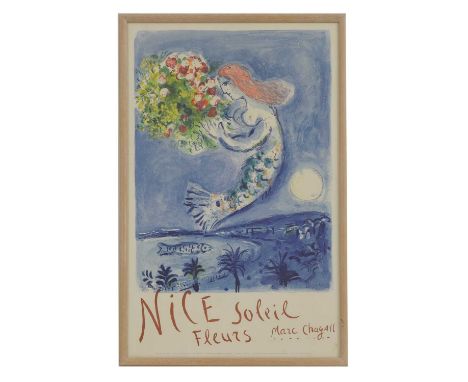After Marc Chagall, 'Nice, Soleil, Fleurs, 1962', lithographic poster, 1962, printed by Mourlot, Paris,104 x 66cm, framed