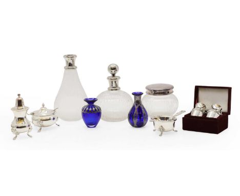 A good selection of silver plated tableware, modern, comprising a pair of dressing table bottles, 22cm and 16cm high, a pair 