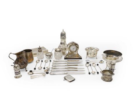 A collection of silver items, comprising a silver sugar sifter, by Walker &amp; Hall, 16.5cm high, a Victorian silver cream j