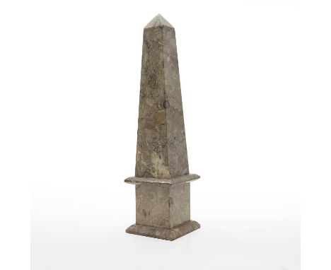 A grand tour-style fossil marble obelisk, of recent manufacture, of typical form, with a stepped square base, 14cm wide14cm d