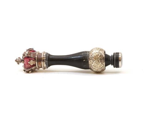 A Victorian ebony and silver mounted tipstaff, 19th century, the crown with original velvet, the body inscribed 'James Couper