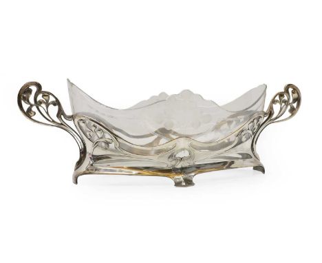 ​​A WMF silver-plated and glass centrepiece, c.1900, with sinuous scrolled handles and a clear glass liner, stamped marks,48c