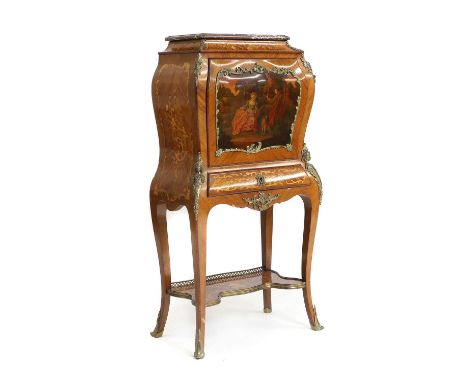 A Louis XV style inlaid walnut gilt bronze and Martin Vernis secretaire, with a marble top, the hinged writing surface, baize