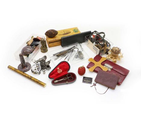 A collection of sewing accessories, comprising a steel chatelaine, scissors, thimbles, a spindle box, 'Ashworth's Machine Cot